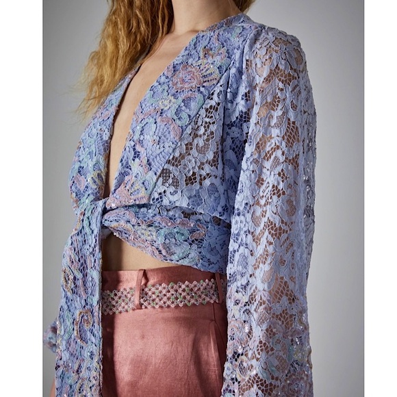La Fuori Luna Tie Hem Wrap Top in Blue Lace. Size Small. NWOT - Picture 1 of 11